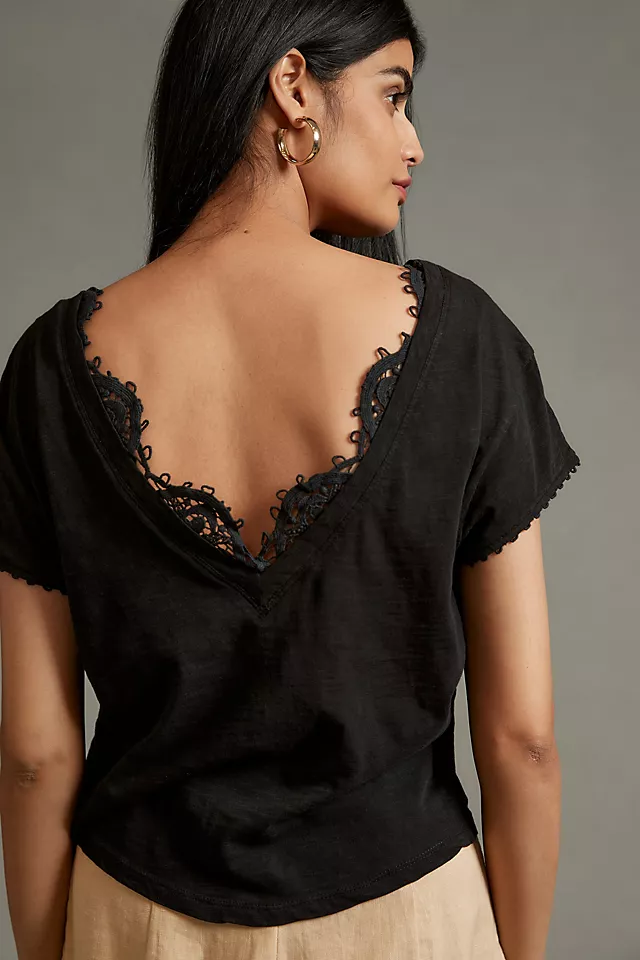 By Anthropologie Low-Back Lace-Trimmed Tee BLACK