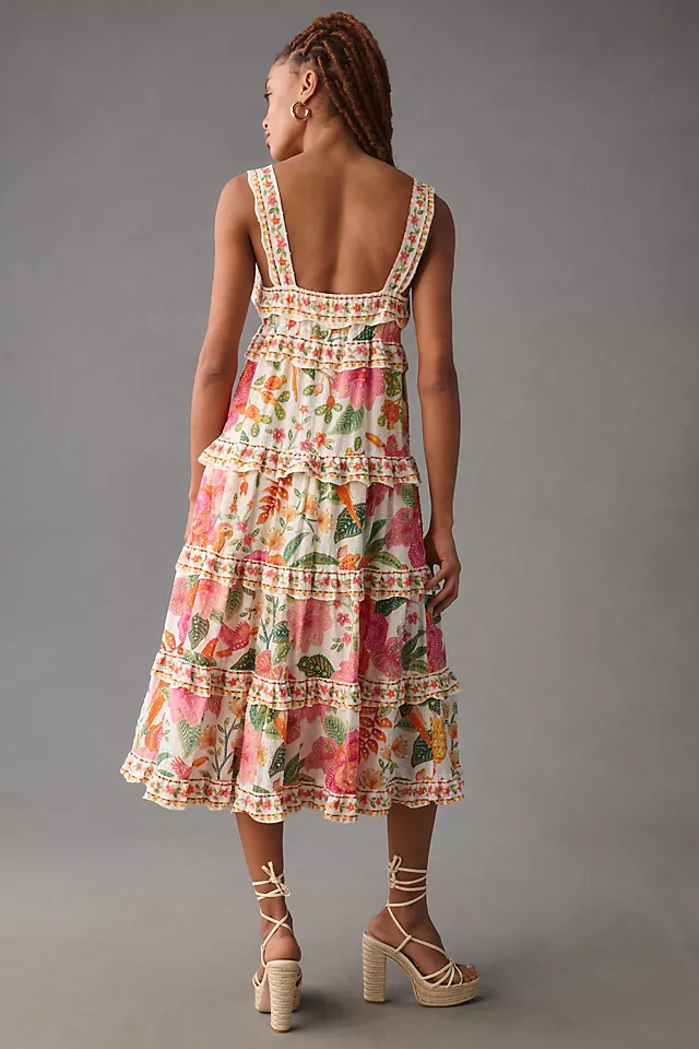 Farm Rio Square-Neck Tiered Ruffle Dress WHITE