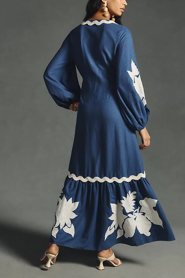 Farm Rio Embroidered Long-Sleeve Dress BLUE