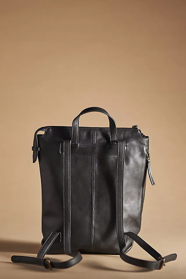 Leather Zip-Top Backpack BLACK