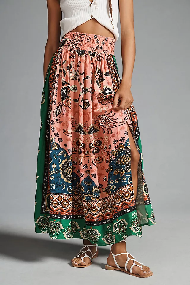 Farm Rio x Anthropologie A-Line Side-Slit Skirt GREEN MOTIF