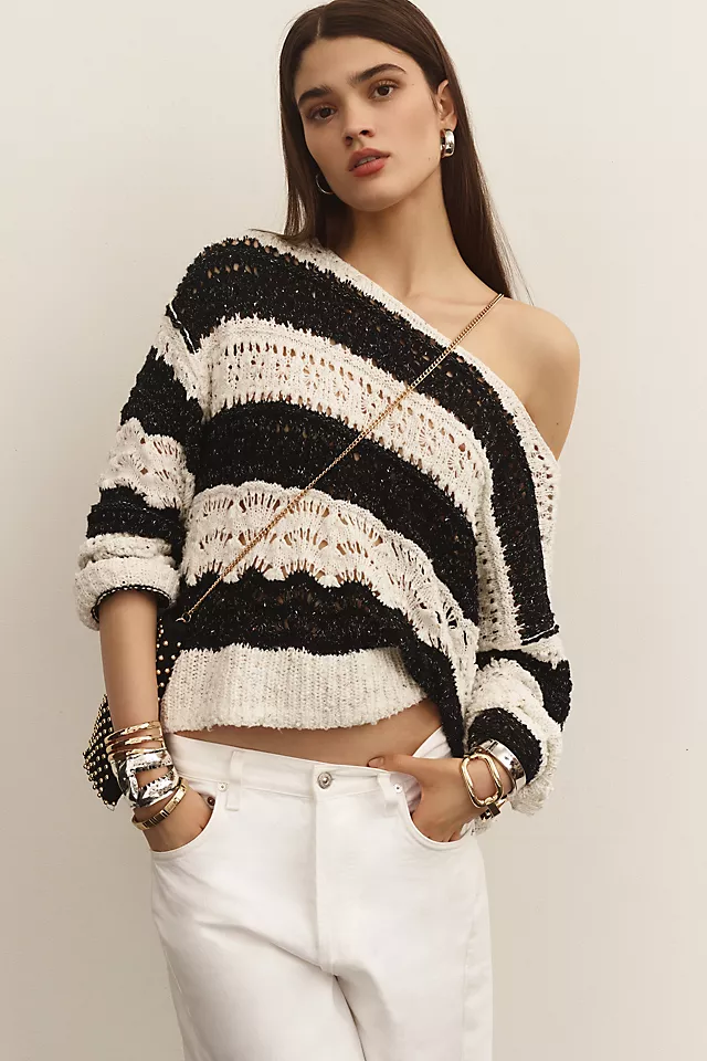Pilcro Open-Stitch Pullover Sweater BLACK & WHITE