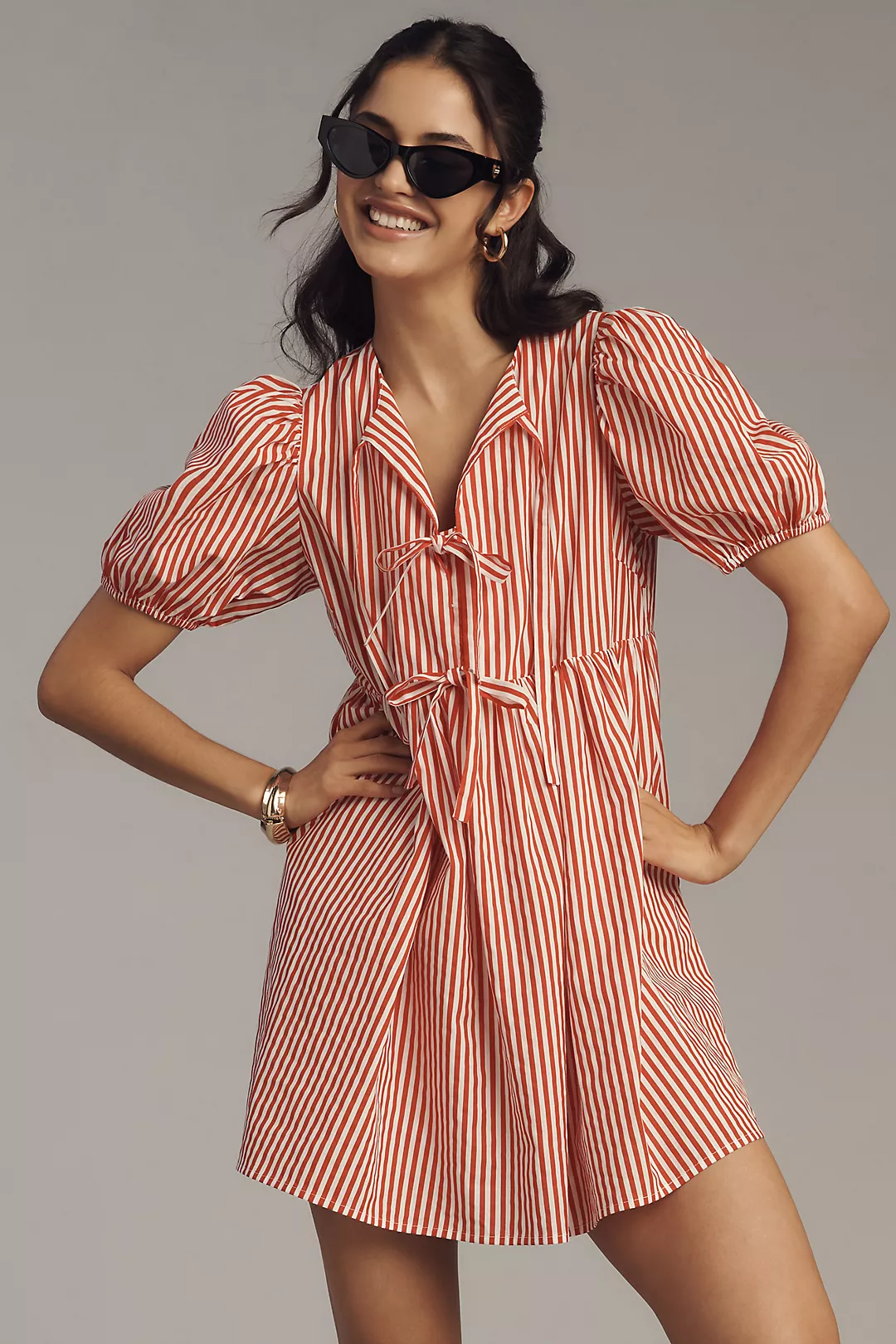 English Factory Petite Puff-Sleeve Bow Mini Dress