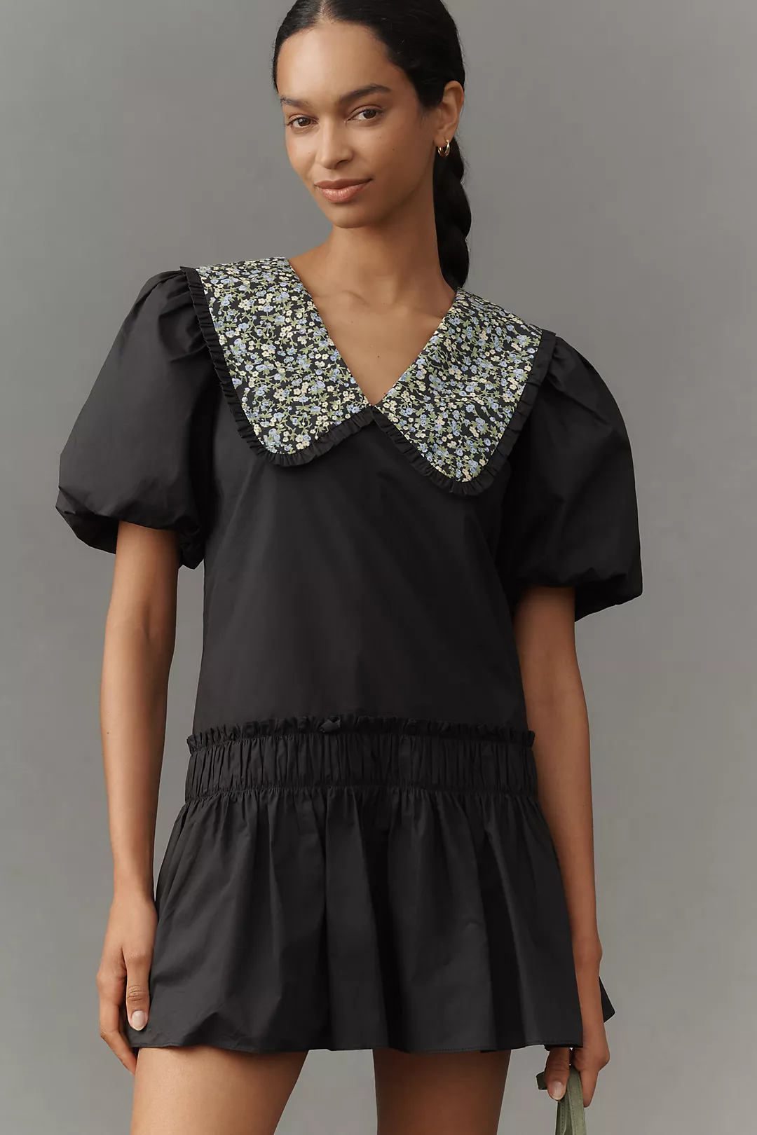 English Factory Puff-Sleeve Collared Drop-Waist Mini Dress