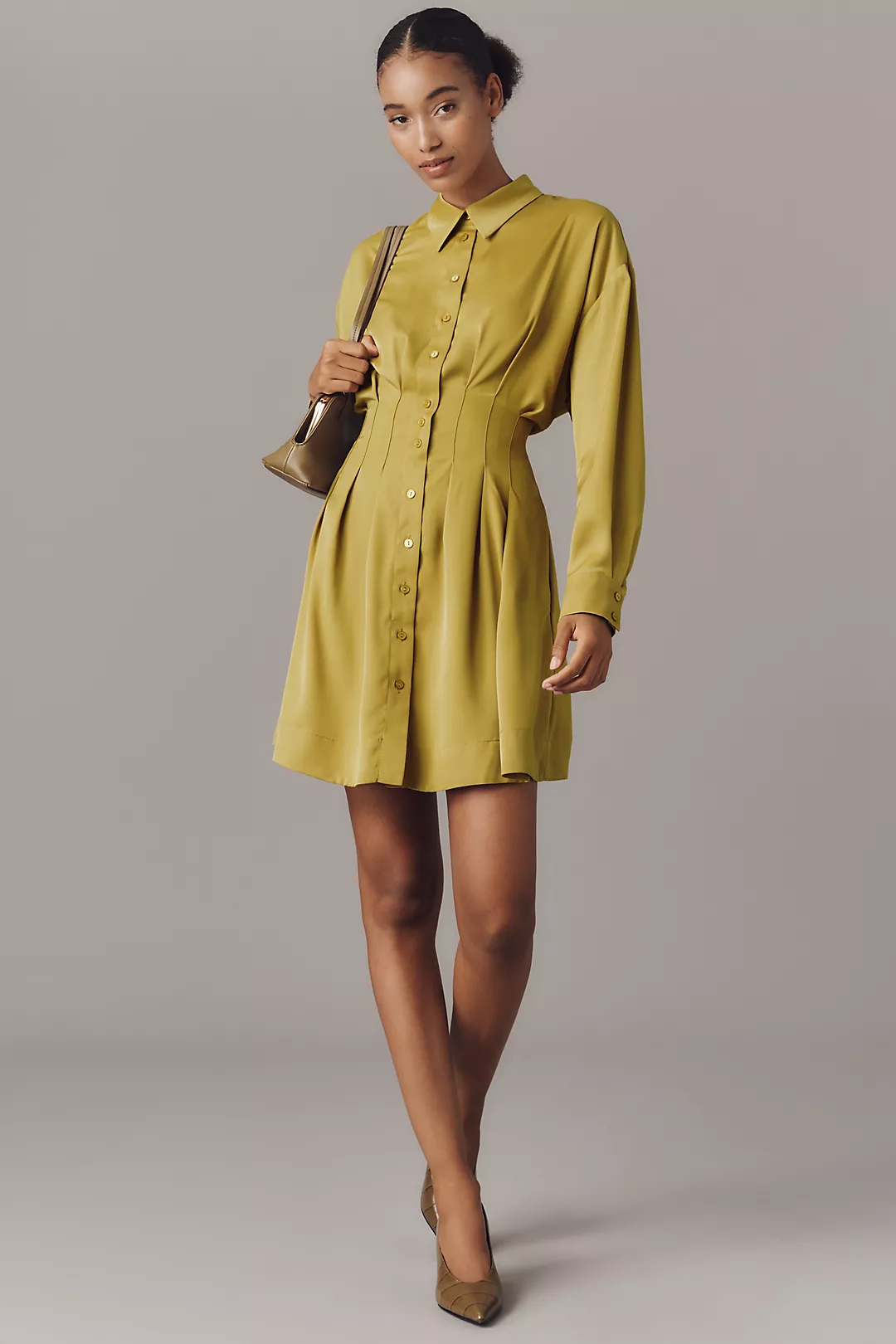 The Tobie Long-Sleeve Satin Mini Shirt Dress by Exquise