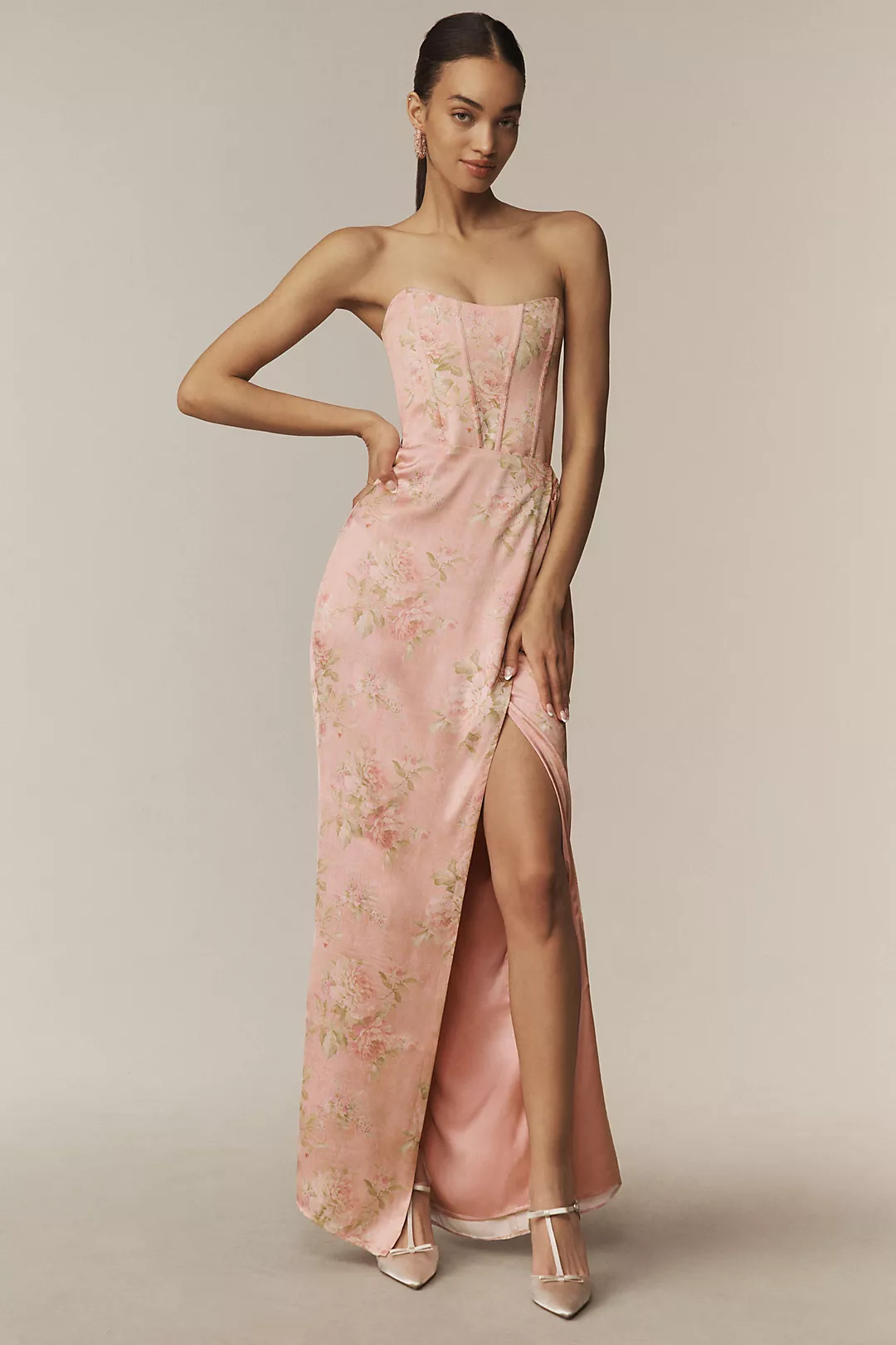 V. Chapman June Printed Corset Front-Slit Satin Gown