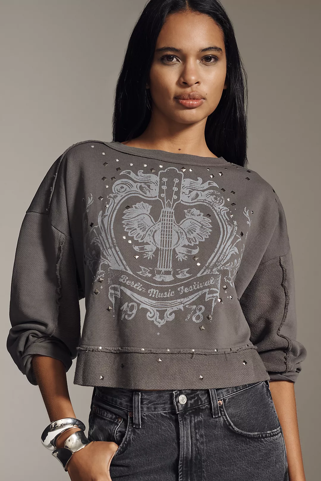 Pilcro Studded Graphic Sweatshirt