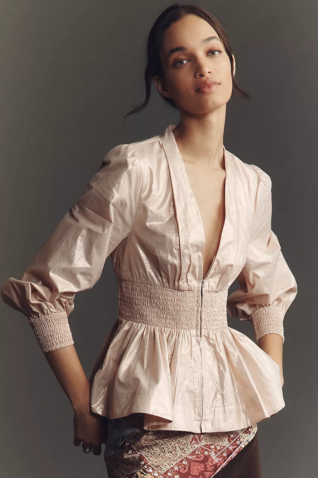 The Tommie Long-Sleeve Shine Smocked Front-Zip Blouse