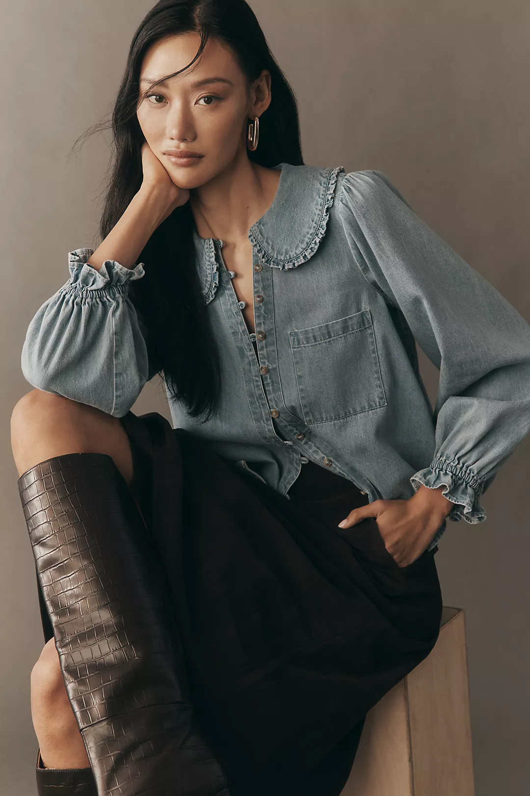 The Keira Light-Denim Long-Sleeve Blouse by Pilcro