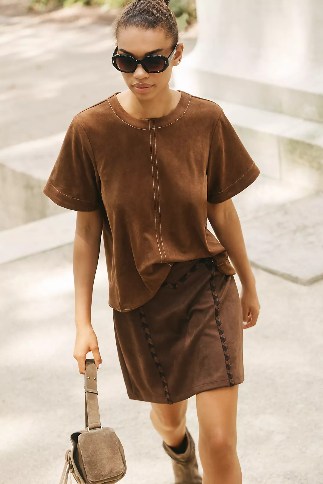 Maeve Faux-Suede Whipstitch A-Line Mini Skirt