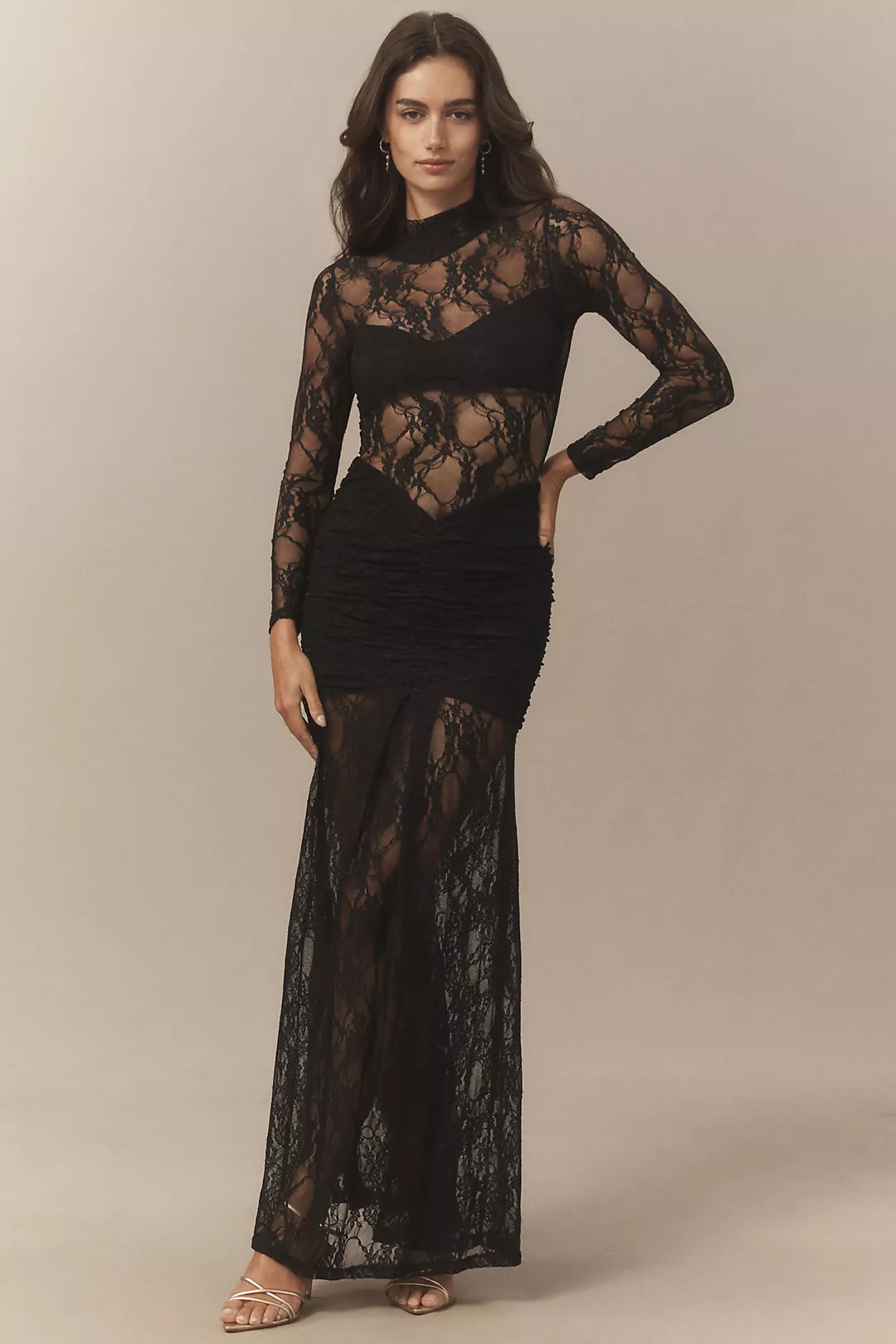 Nightcap Mock-Neck Drop-Waist Lace Maxi Dress