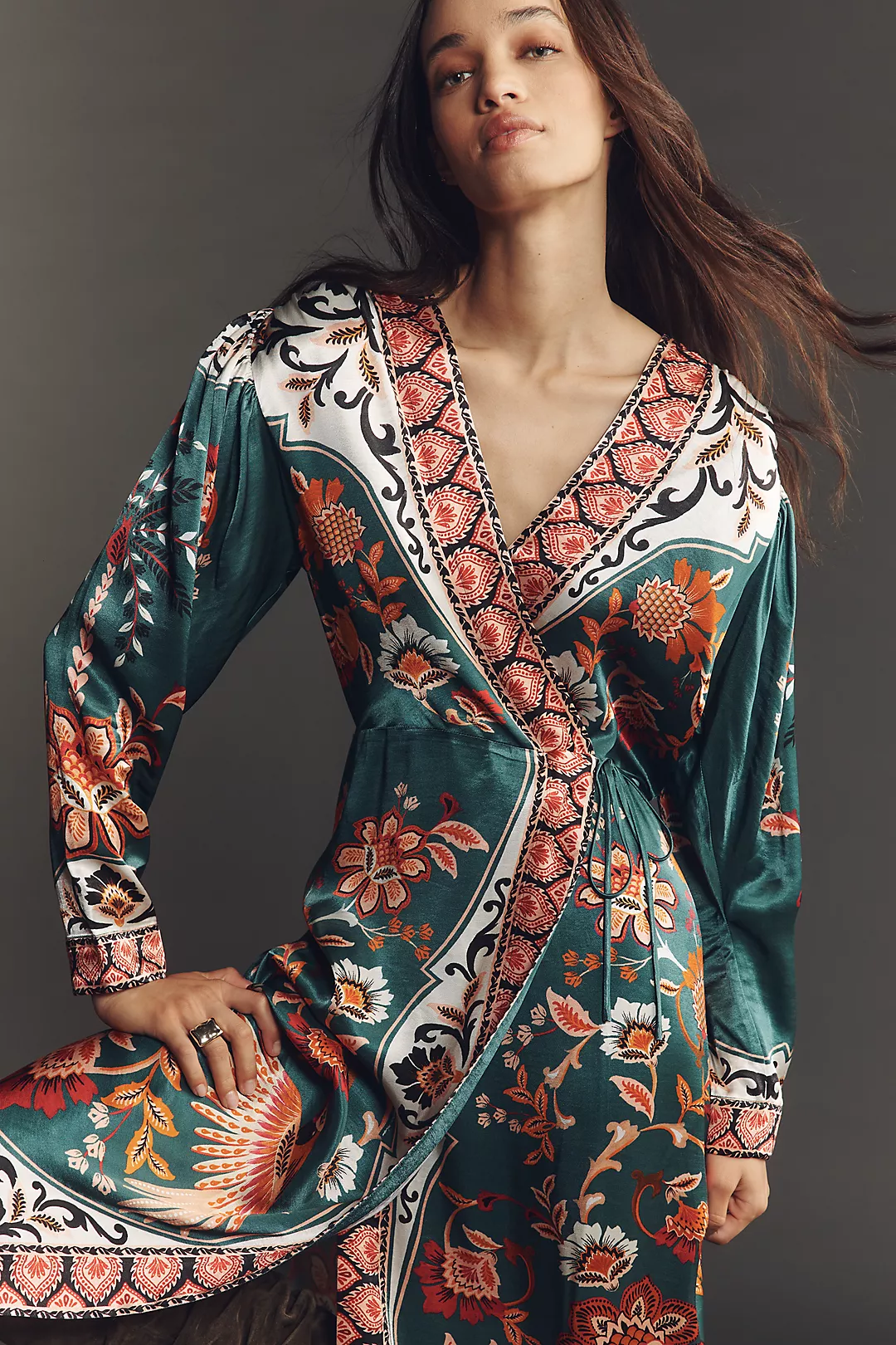 Farm Rio x Anthropologie Long-Sleeve Printed Wrap Midi Dress