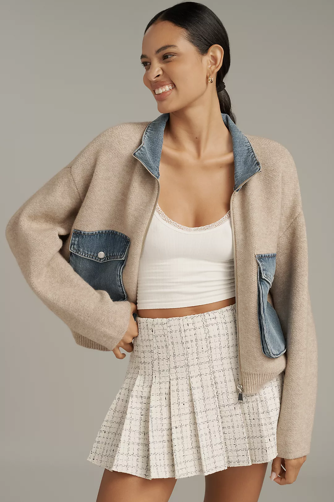 BLANKNYC Glow Up Denim & Knit Bomber Jacket