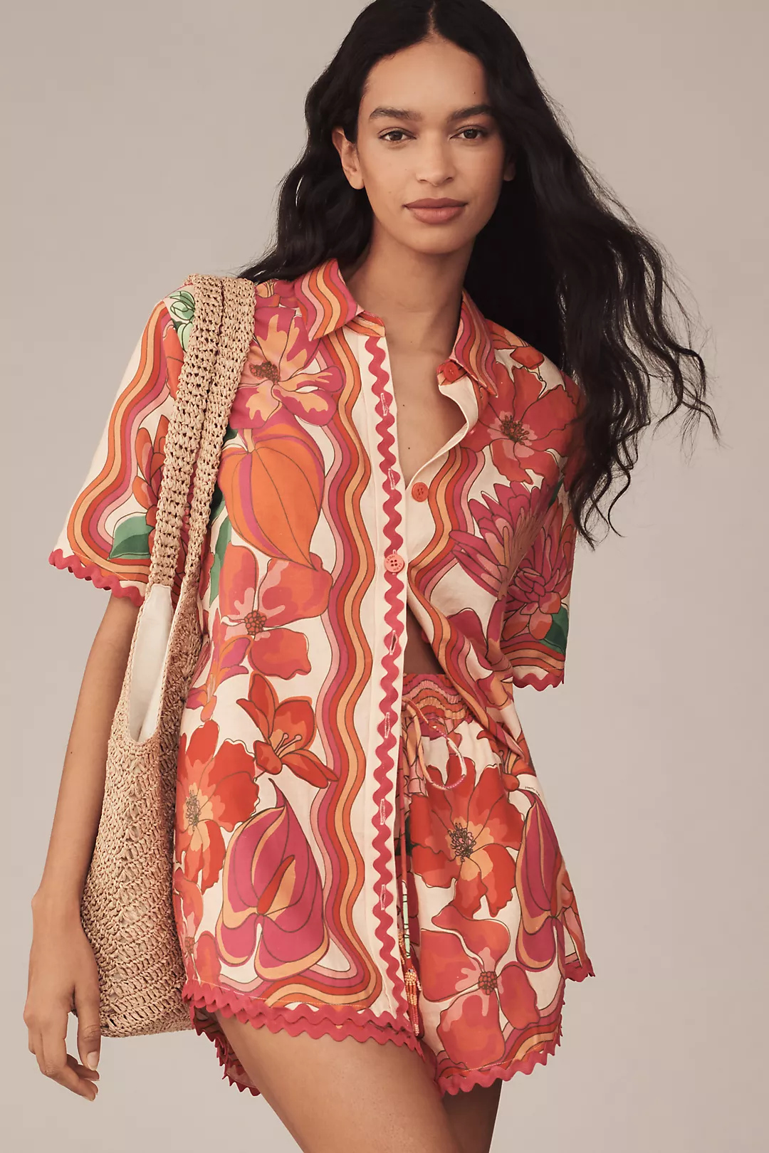 Farm Rio Spring Affair Linen Short-Sleeve Buttondown Shirt