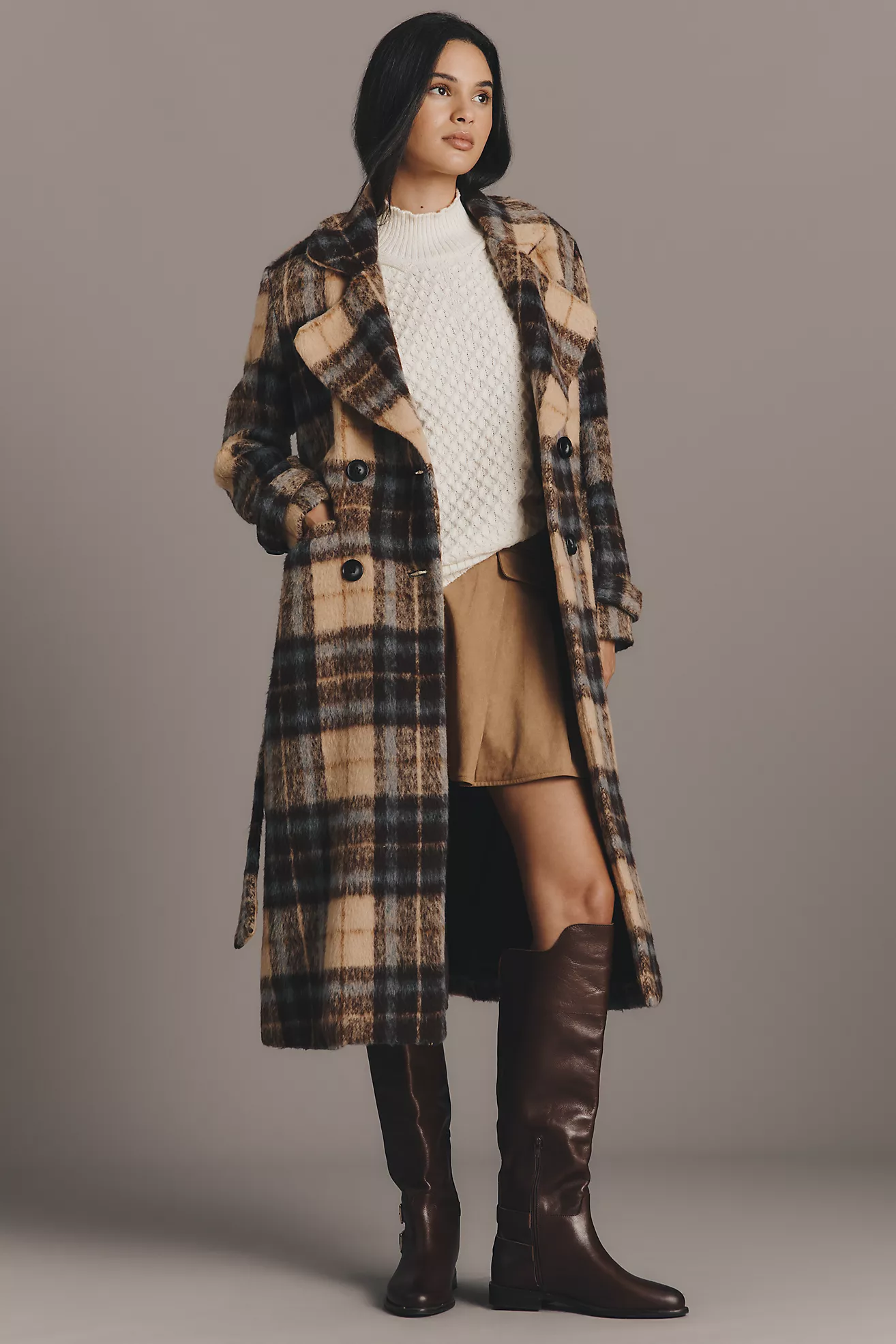 Siempre Olivia Long Plaid Coat