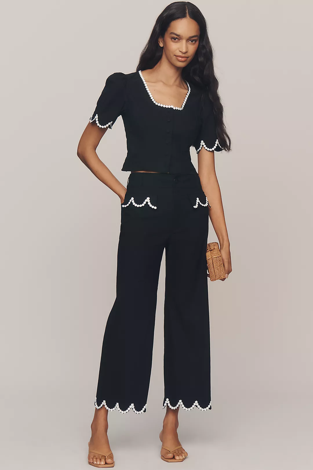 The Colette Scalloped Crop Wide-Leg Pants by Maeve