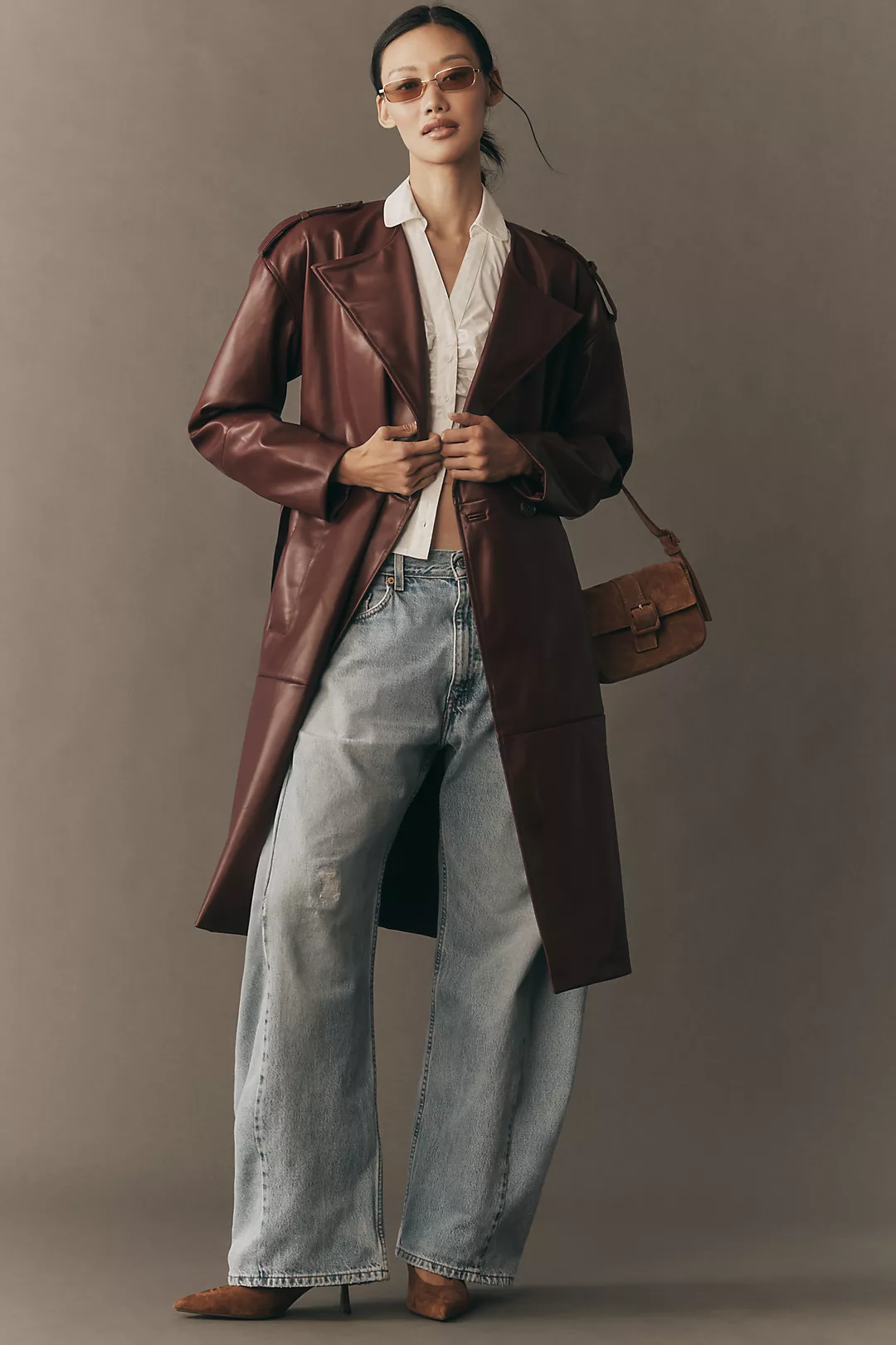 NVLT Faux Leather Belted Trench Coat