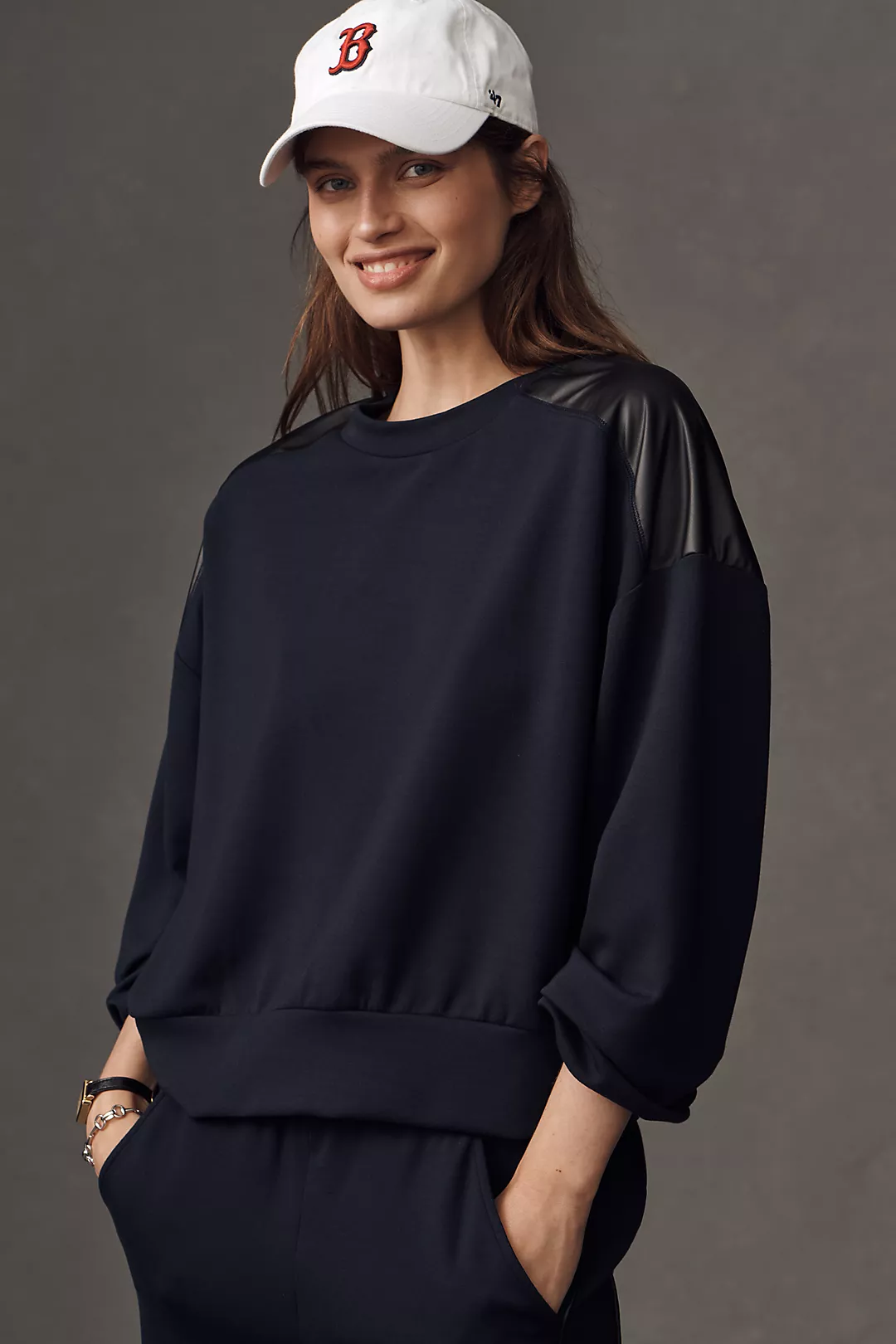 Maeve Faux-Leather Trim Crew-Neck Sweatshirt