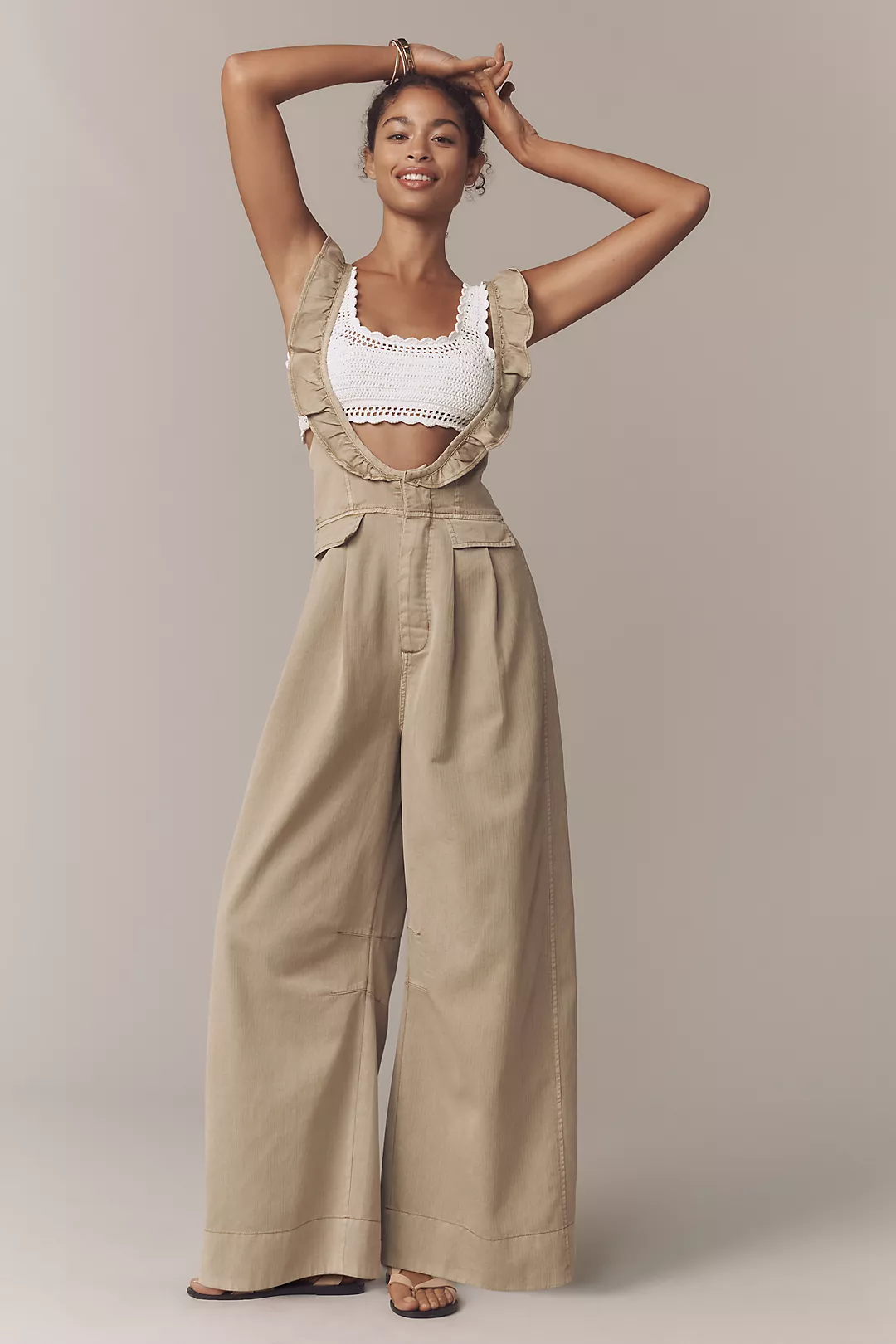 By Anthropologie Ruffle-Strap Washed Chino Overalls