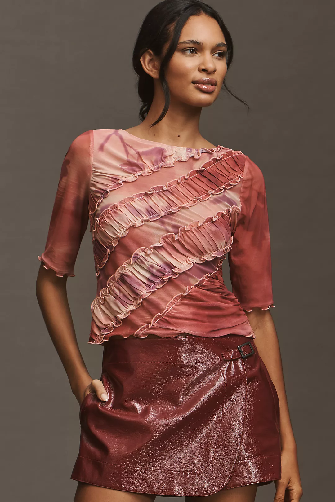 By Anthropologie Half-Sleeve Sheer Ruched Top