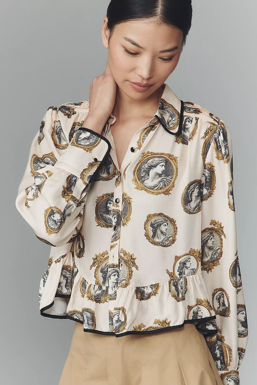 Maeve Silky Ruffle Buttondown Shirt