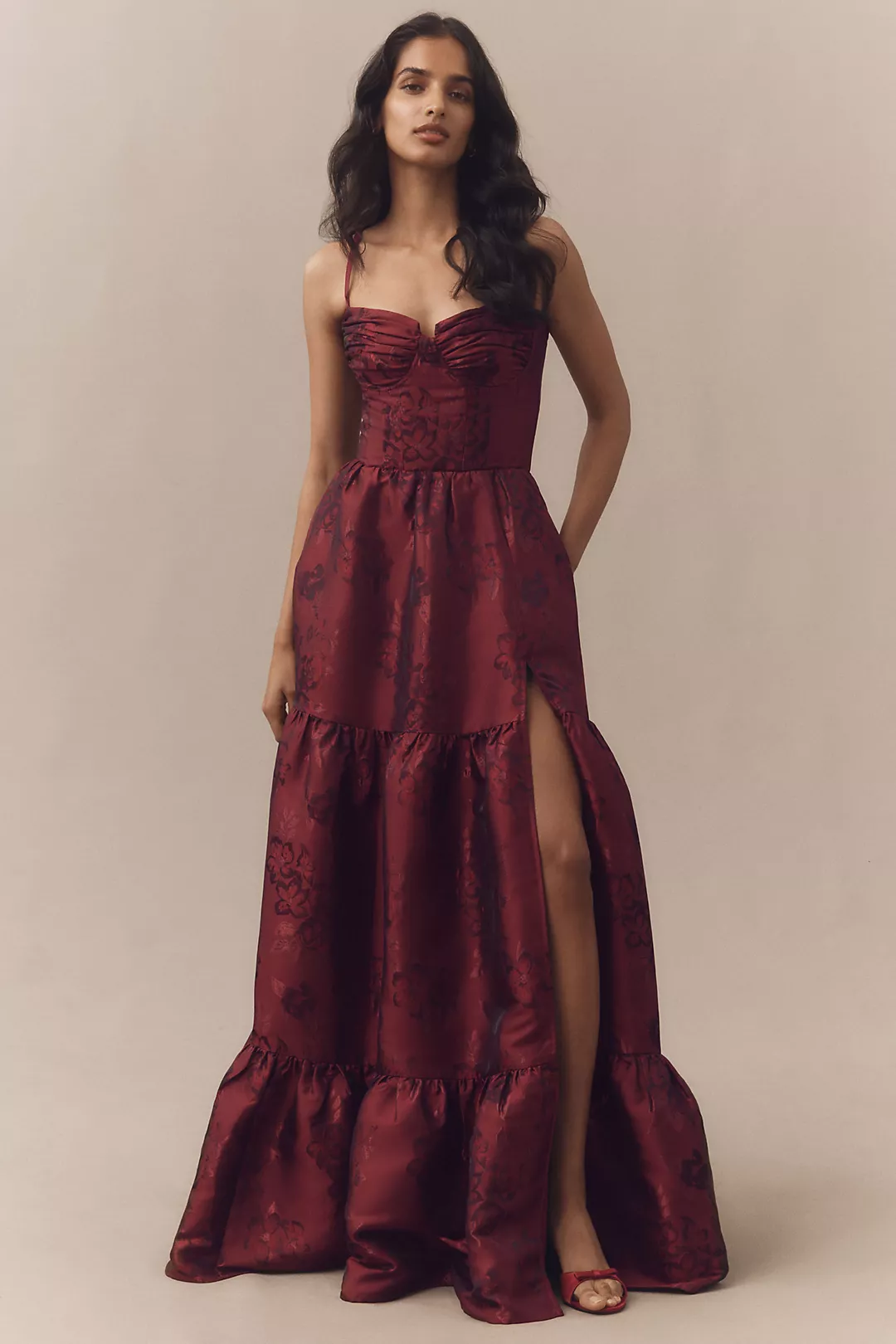 V. Chapman Lucetta Corset Tiered Brocade Maxi Dress