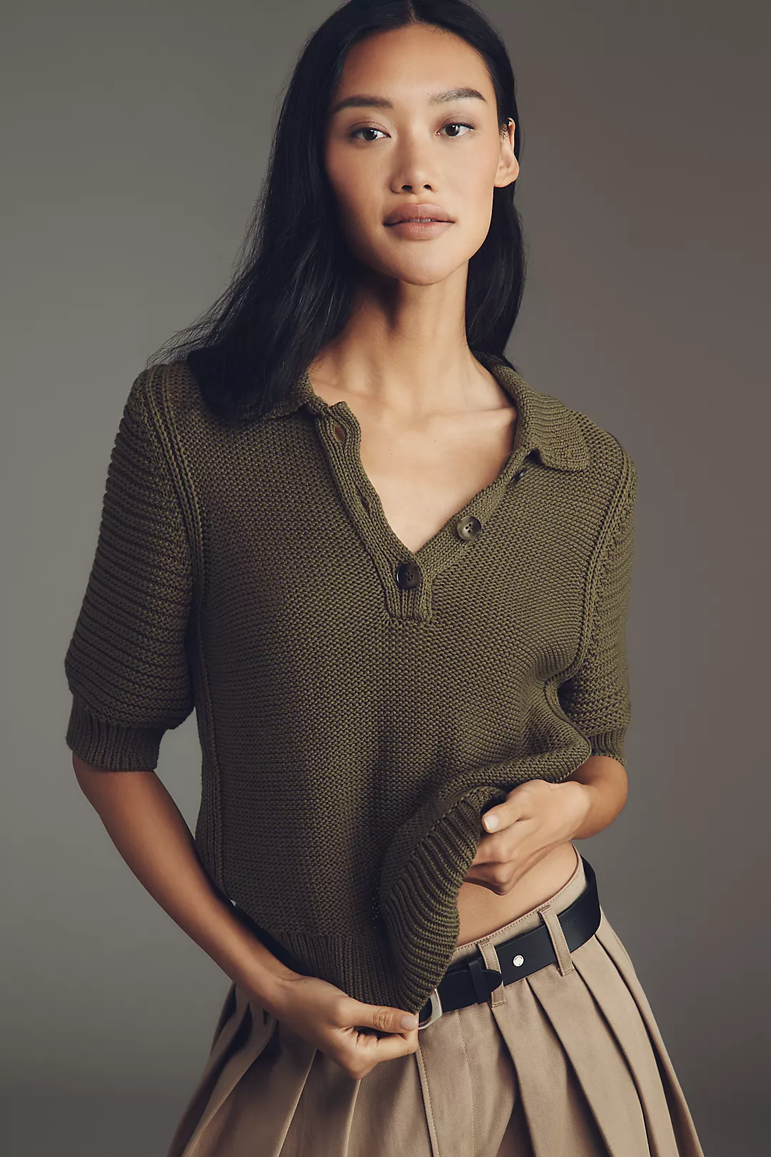 Michael Stars Marley Puff-Sleeve Polo Sweater