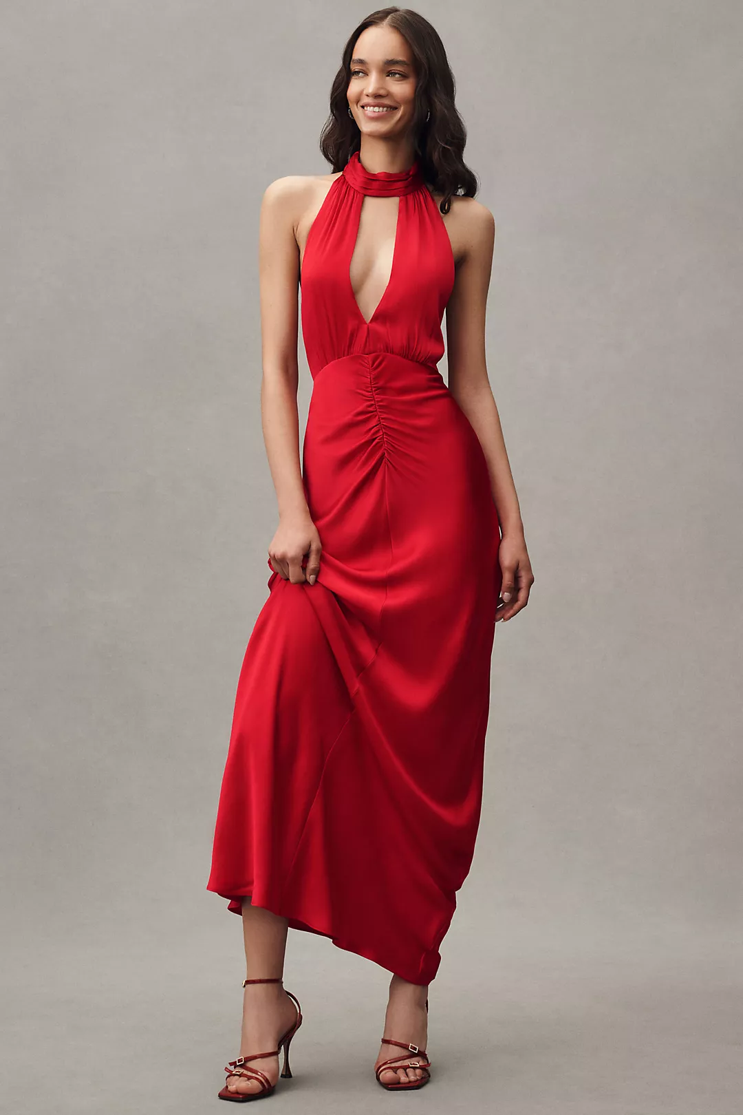 Shona Joy Tatum Mock-Neck Halter Cutout Ruched Satin Maxi Dress