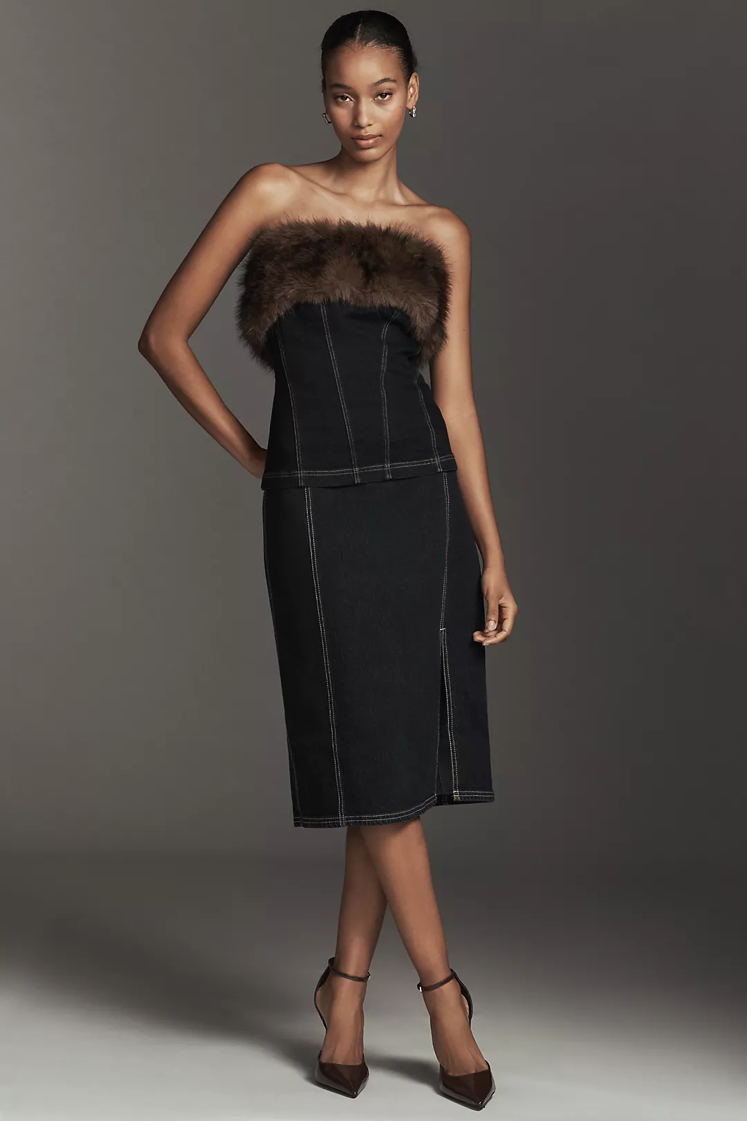 Pilcro Seamed Side-Slit Denim Midi Skirt