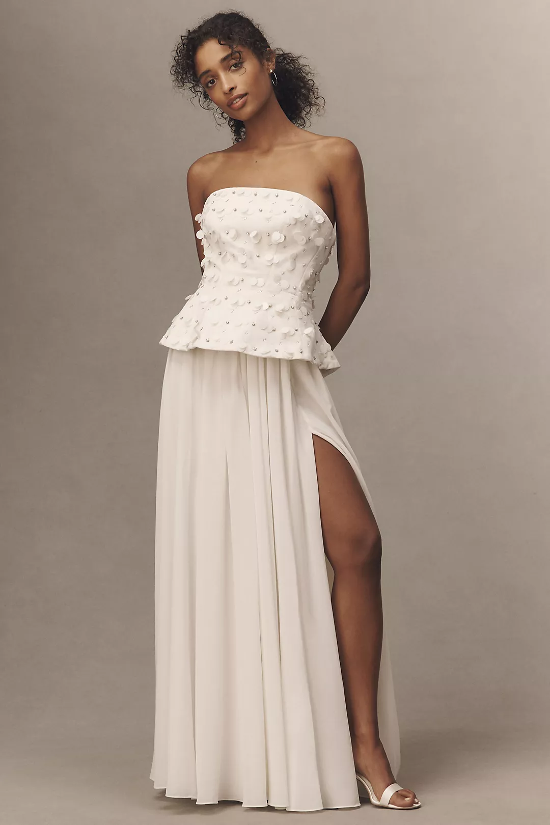 BHLDN Strapless Embellished Peplum Pleated Maxi Dress
