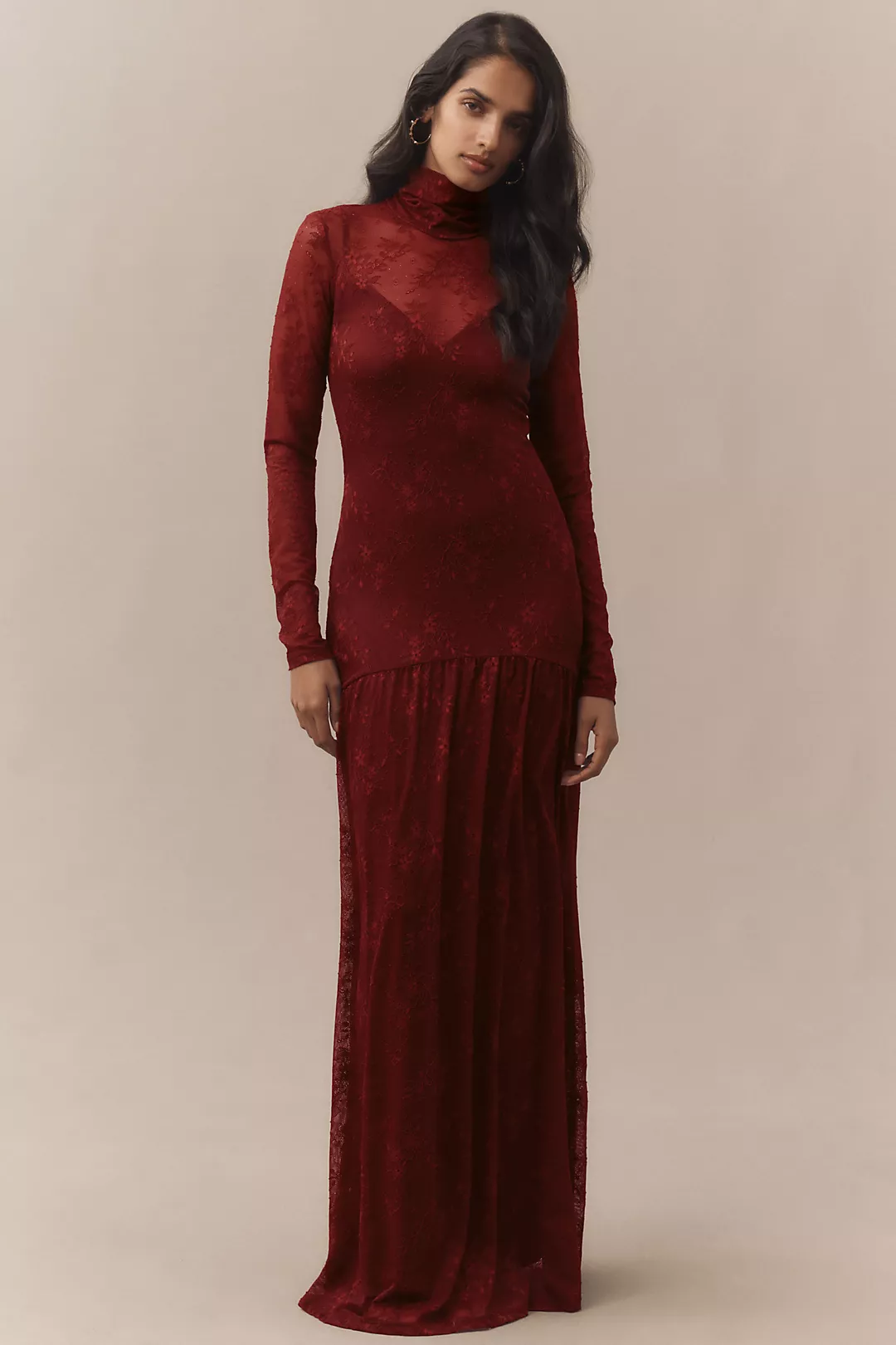 AFRM Amala High-Neck Long-Sleeve Stretch Lace Maxi Dress