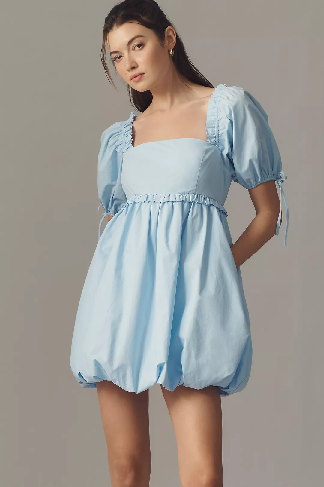 English Factory Puff-Sleeve Square-Neck Bubble Mini Dress