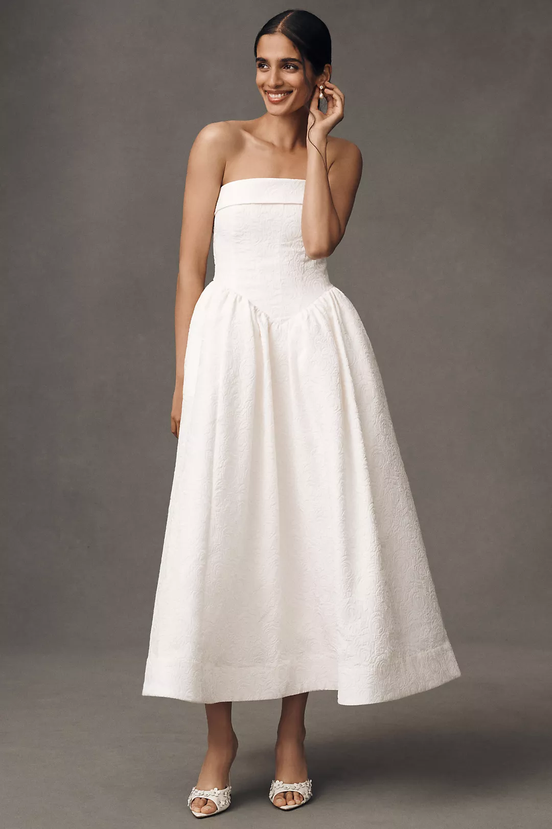 BHLDN Strapless Drop-Waist Fit & Flare Jacquard Maxi Dress