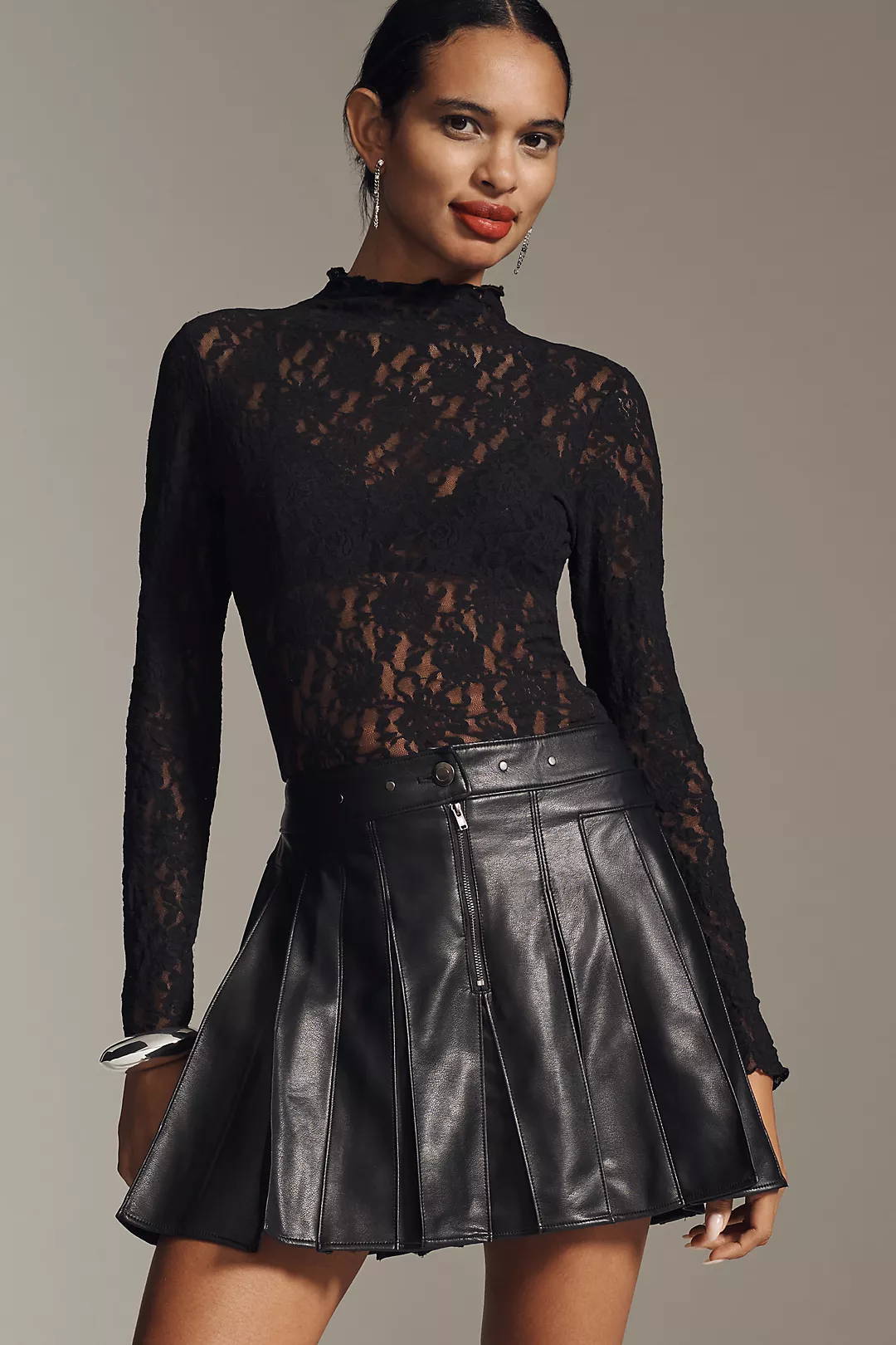 By Anthropologie Faux-Leather Pleated Hardware Mini Skirt