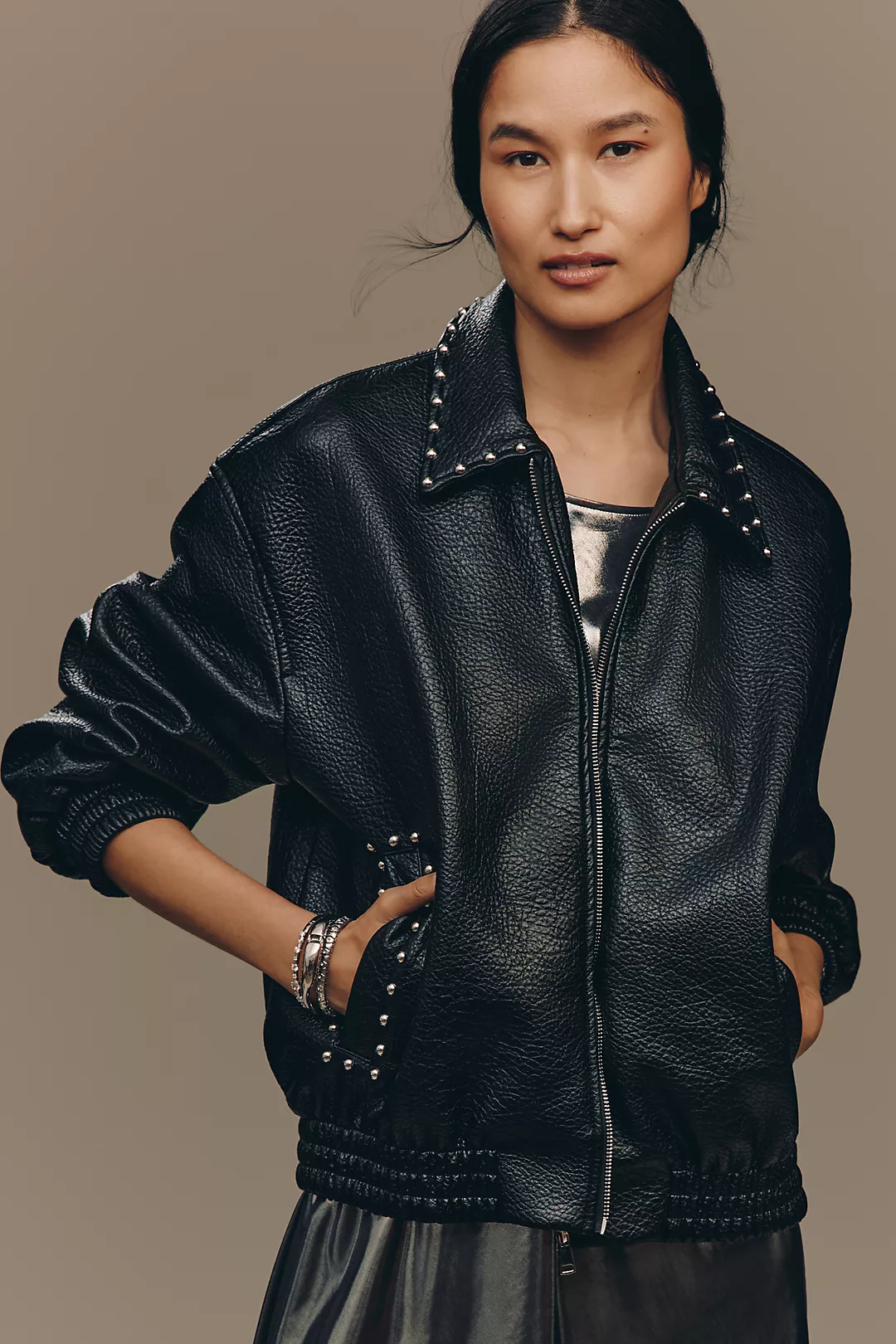 The Rylie Studded Faux-Leather Bomber Jacket by Pilcro