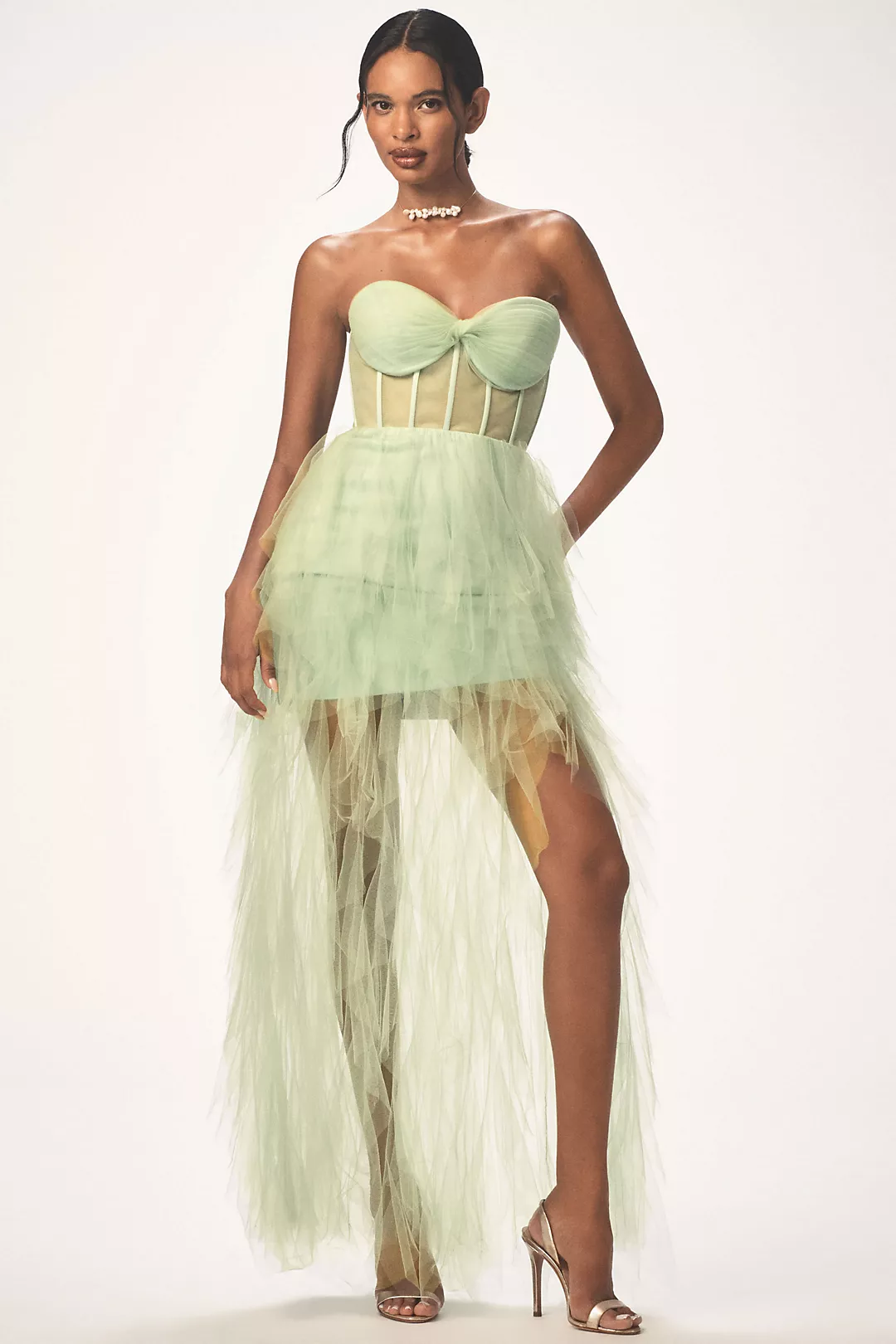 Mac Duggal Strapless Bustier Ruffled Tulle Maxi Dress