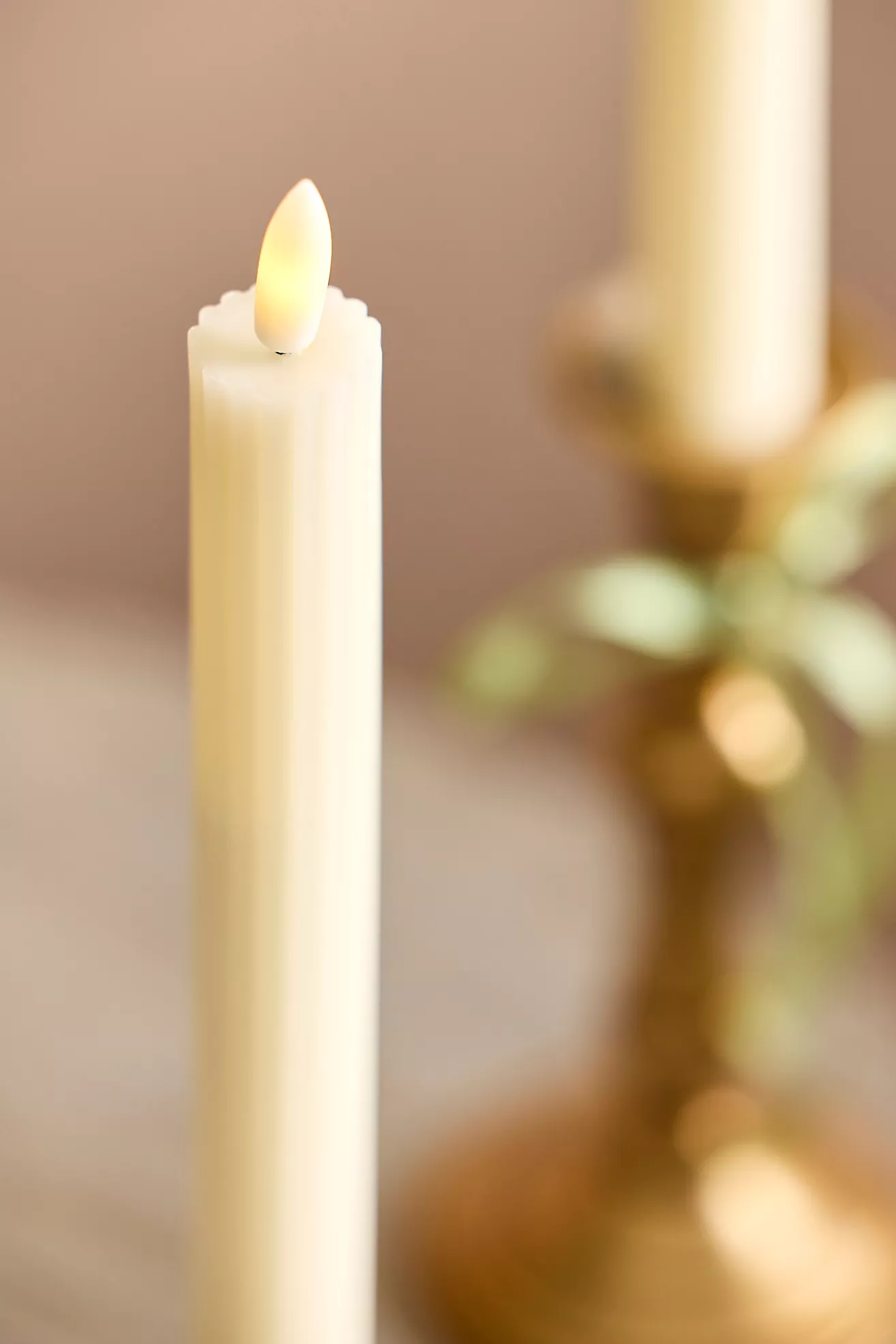 Flameless Ridged Cream Taper Candles, Set of 2