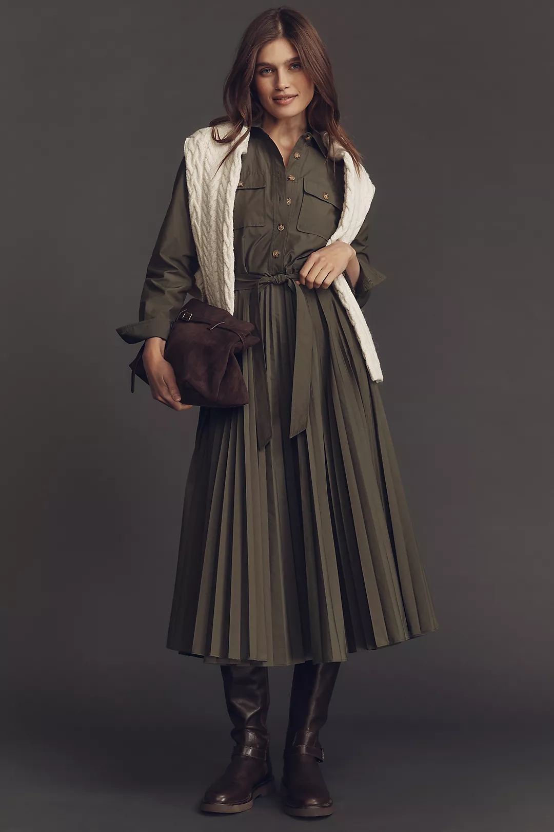 Derek Lam 10 Crosby Kenza Long-Sleeve Pleated Shirt Dress