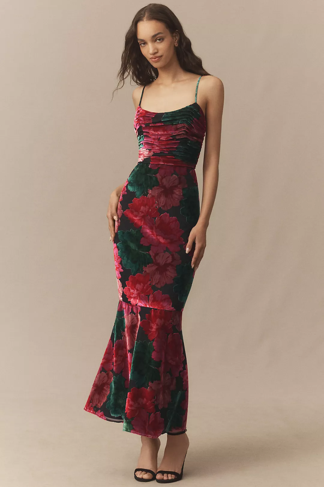 Hutch Tylia Ruched Floral Velvet Maxi Dress