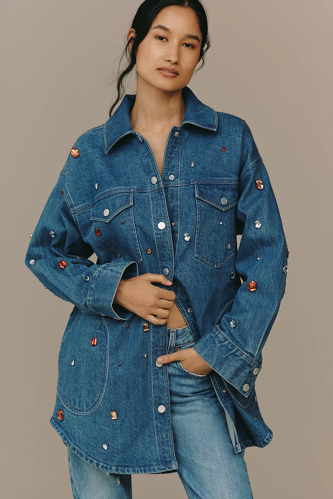 The Tillie Jeweled Denim Shacket by Pilcro