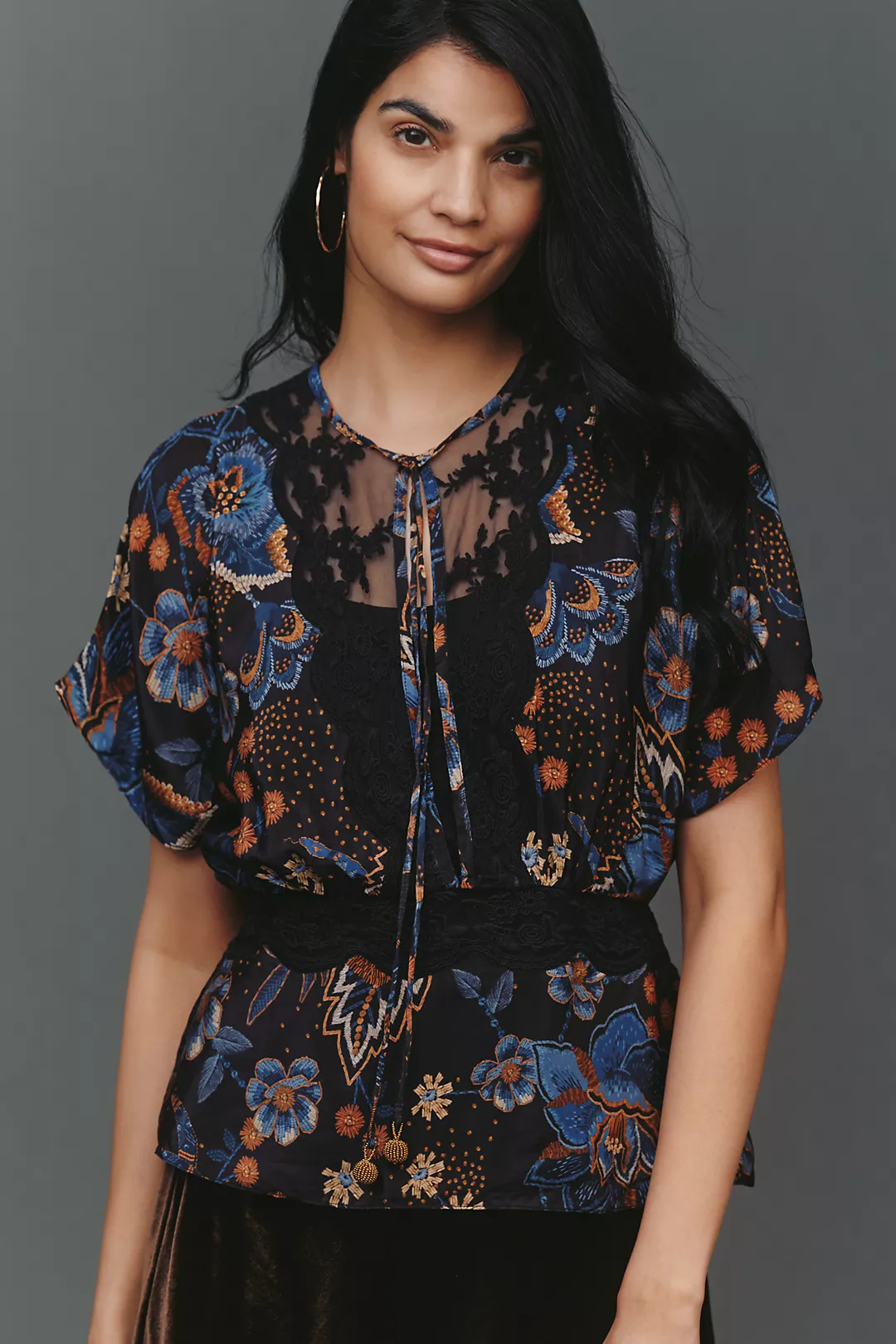 Farm Rio Sheer Lace Relaxed Blouse