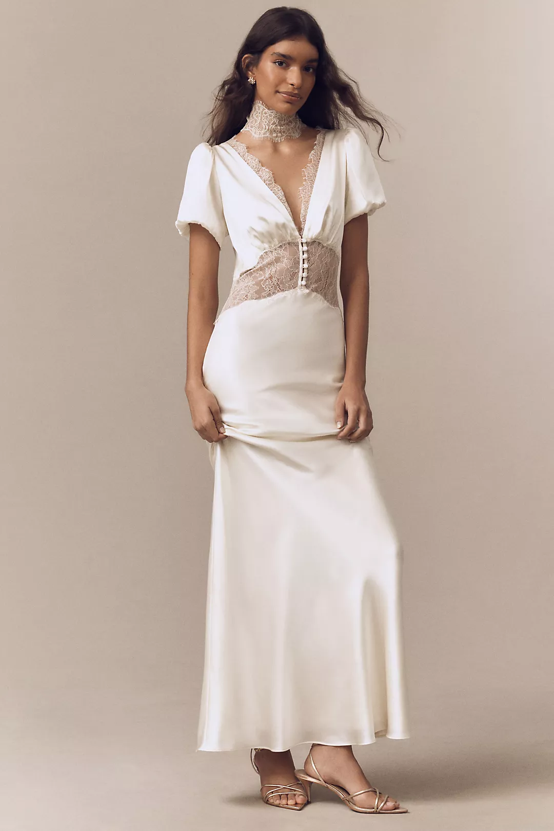 De La Vali Puff-Sleeve Silky Maxi Dress