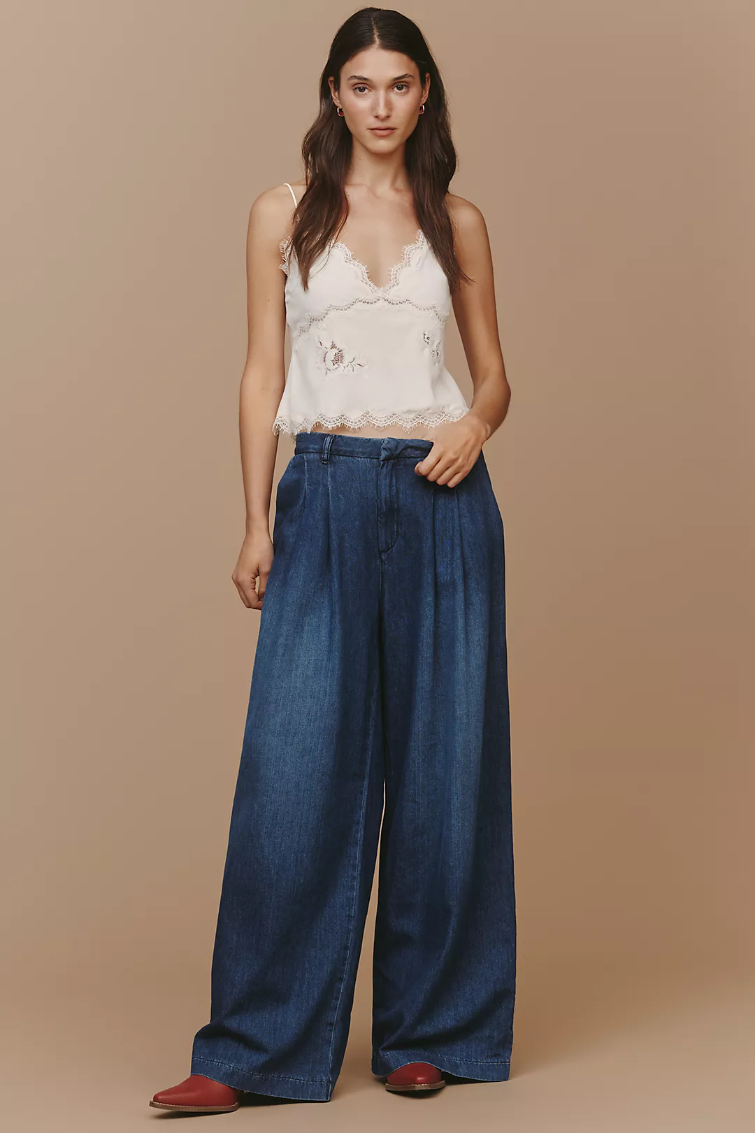 The Avery Elastic-Back Wide-Leg Pleated Trousers by Maeve