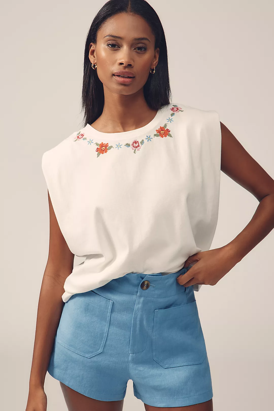 Farm Rio Embroidered Cross-Stitch Flowers Muscle Tee