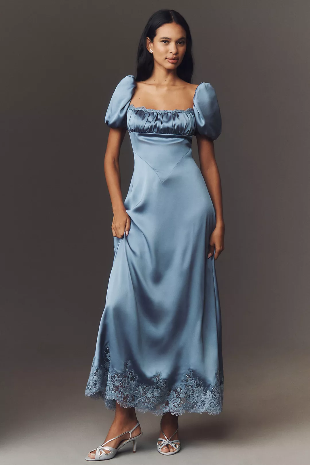 Mare Mare Puff-Sleeve Square-Neck Satin Maxi Dress