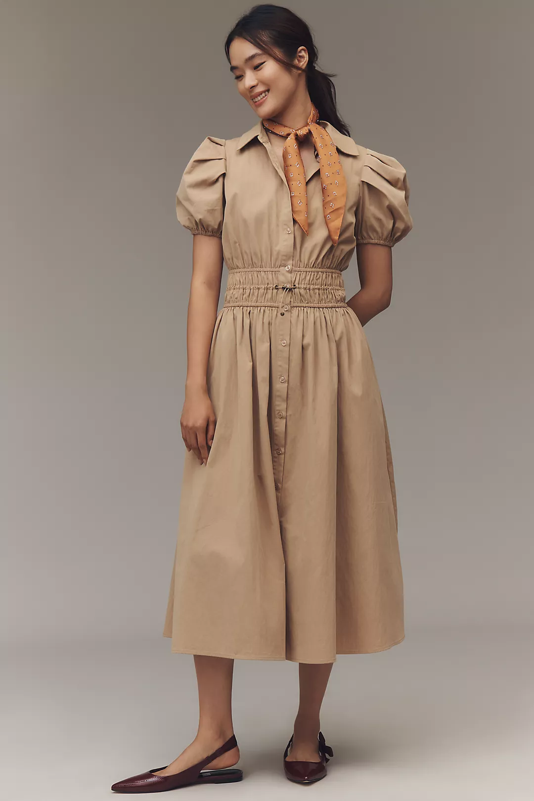 En Saison Marleigh Puff-Sleeve Midi Shirt Dress