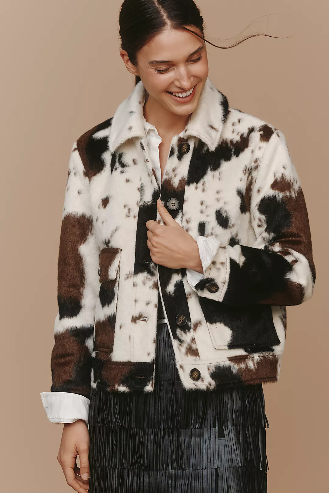Bernardo Dakota Faux Fur Cow Print Jacket