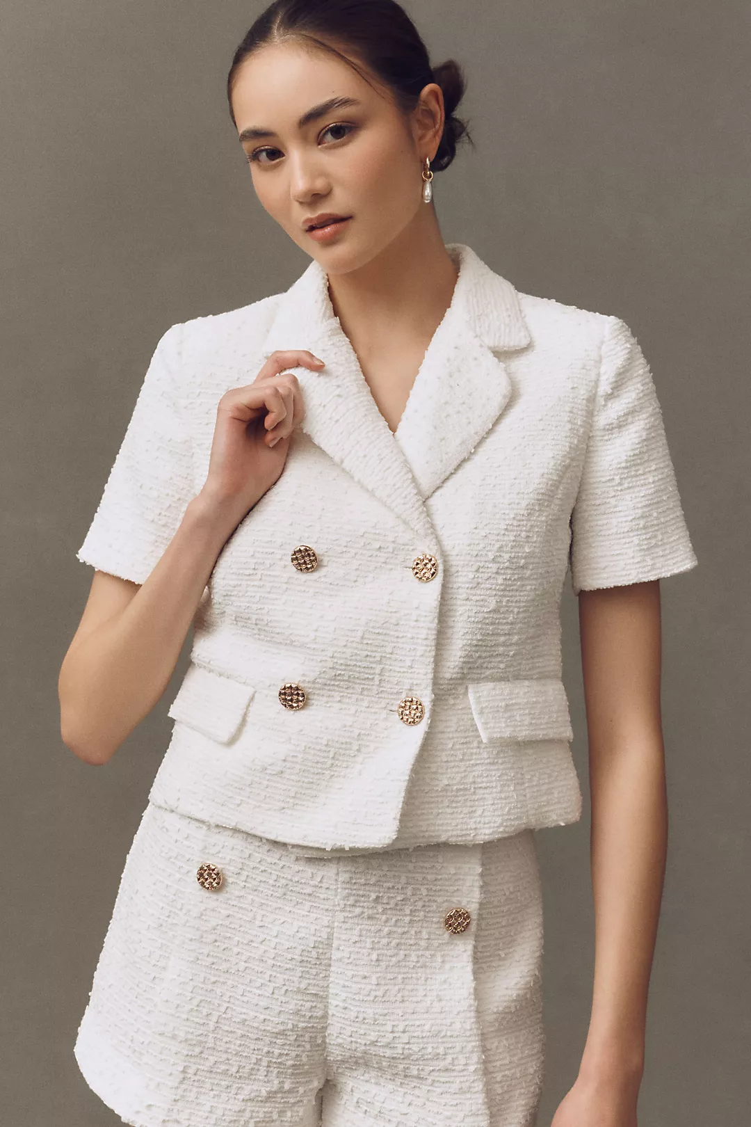 Endless Rose Short-Sleeve Double-Breasted Tweed Blazer