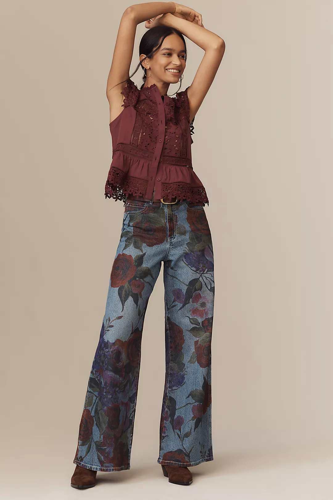 Avec Les Filles Printed High-Rise Wide-Leg Jeans