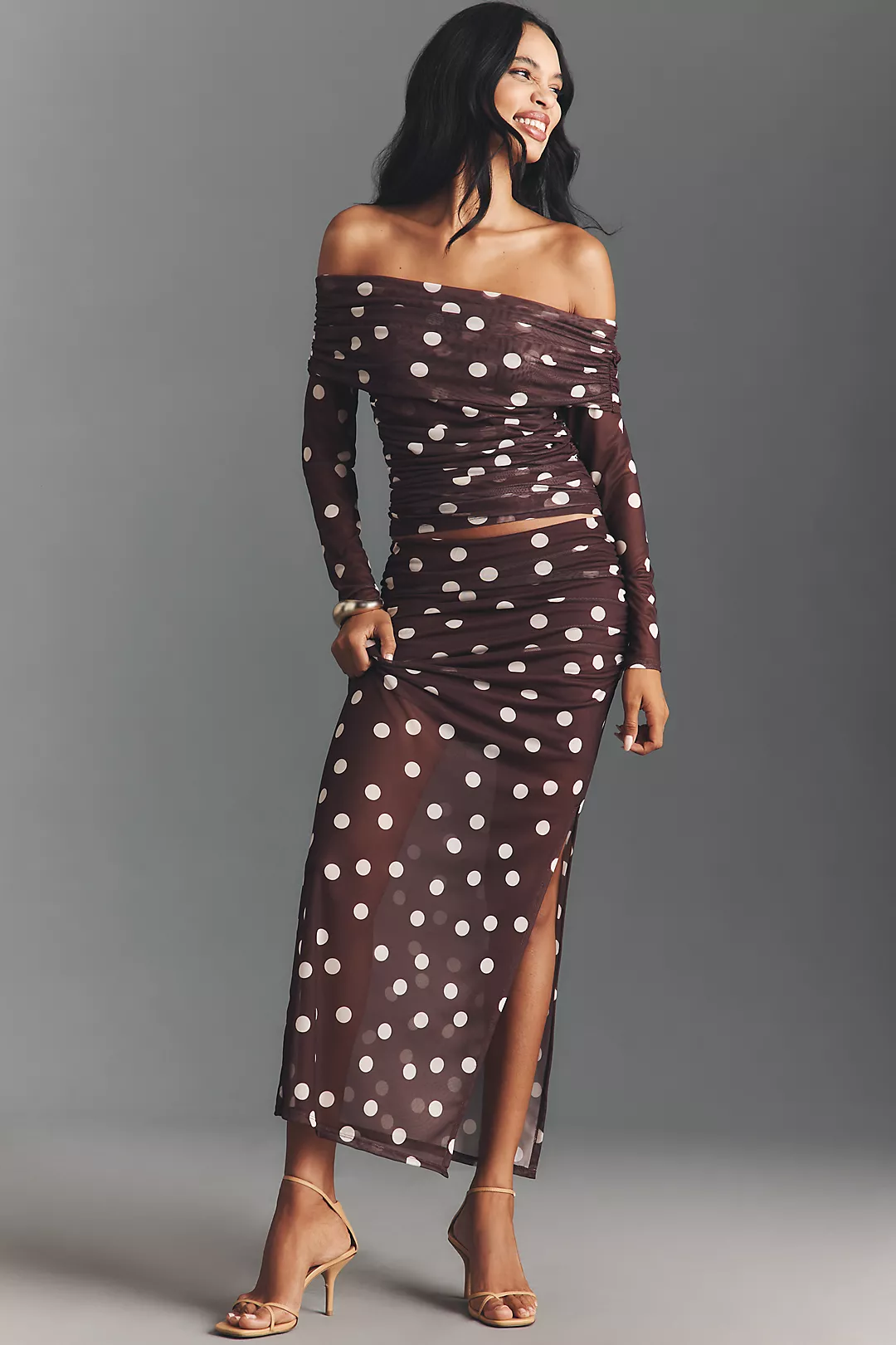 Maeve Fitted Ruched Mesh Maxi Skirt